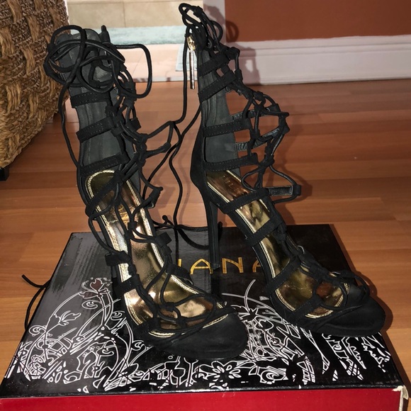 Black Faux Suede Crisscross Lace Up High Heels - Picture 8 of 9